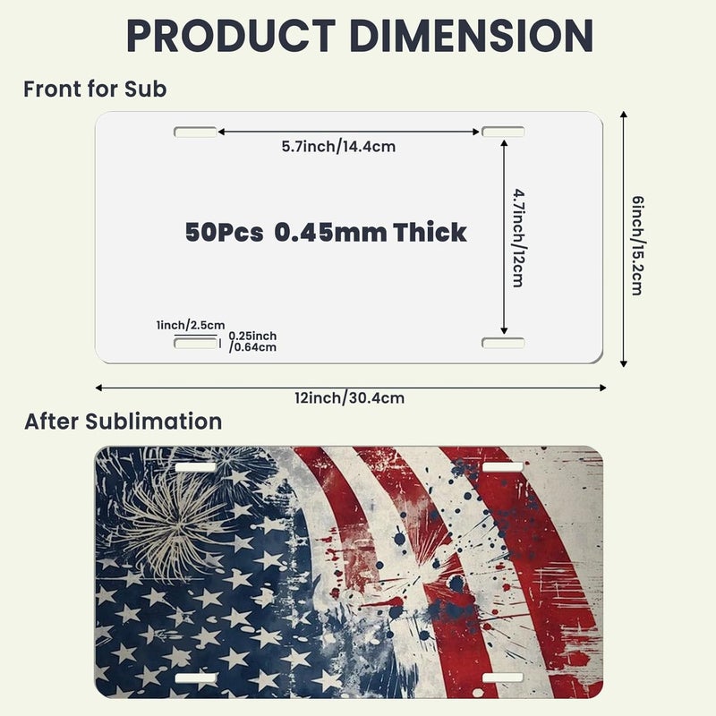 AceSubli 50 Pcs Sublimation License Plate Blanks for Heat Transfer Vinyl, Pesonalized Picture Metal Sublimation Blanks, Aluminum Car Front License Plate Tags for Automotive Men Women Gift 0.45mm Thick - Image 2